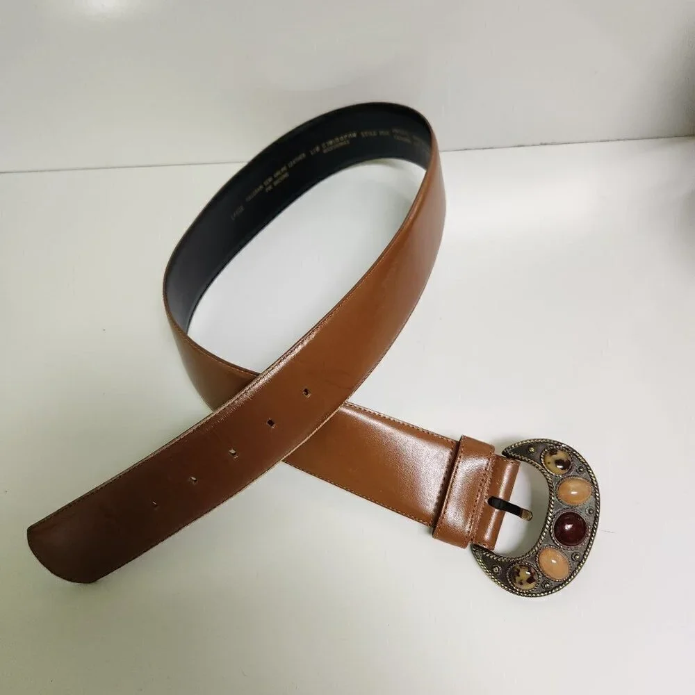 Liz Claiborne Vintage 1989 Brown Leather Cabachon Stone Buckle Belt Size L
